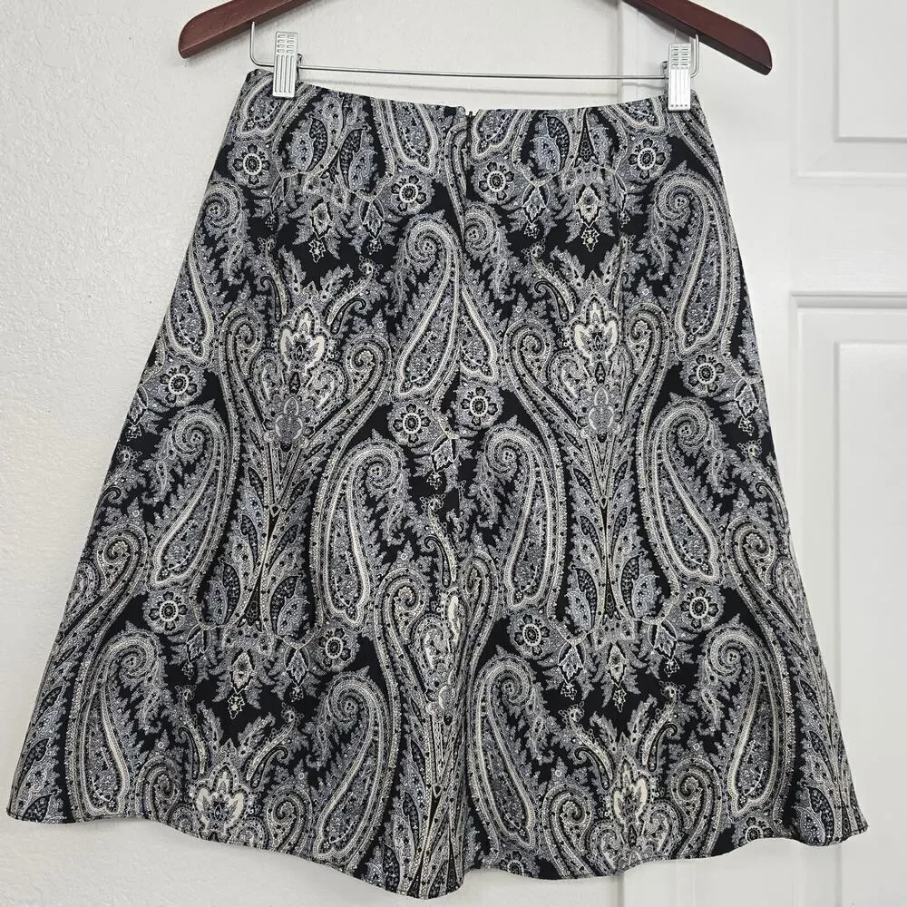 Women's 2P Silk Mini Skirt Black Paisley Print A-Line Pleated Office Waist 28